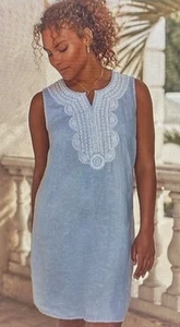 J. Jill Love Linen Embroidered Beaded Tunic Dress Blue 100% Linen Sz M - Picture 1 of 5