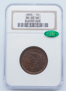 1855 Braided Hair Large 1c One Cent NGC & CAC MS 65 BN - C1914 - Picture 1 of 5