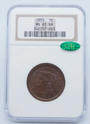 1855 Braided Hair Large 1c One Cent NGC & CAC MS 65 BN - U930 - Image 1 of 4
