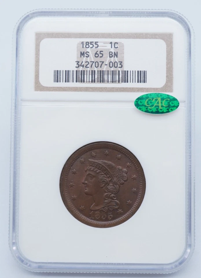 1855 Braided Hair Large 1c One Cent NGC & CAC MS 65 BN - U930 - Image 1 of 4