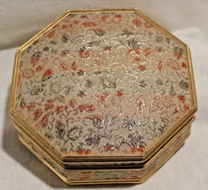 Vintage Achteck Schmuckkästchen goldfarben mit Stoffbezug orange und metallic - Bild 1 von 10