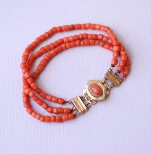 Vintage 3 Row Coral Bracelet Dutch Clasp 14k Yellow Gold - Picture 1 of 6