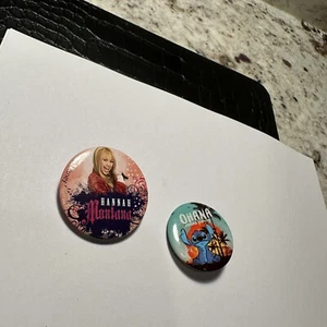 Lot Of 2 Pop Culture Button Brooch Pin Hannah Montana / Ohana Means Family - Picture 1 of 6