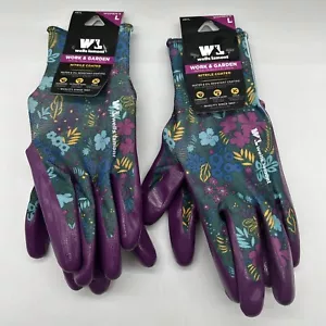 Wells Lamont Gloves Women's Sz Large Work/Garden Nitrile Purple Floral Work 2 Pk - Picture 1 of 5