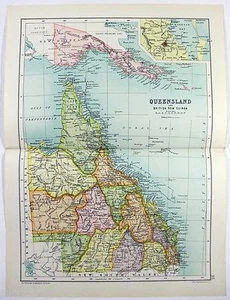Queensland, Australien - Original Karte von 1909 von John Bartholomew. Antik - Bild 1 von 3