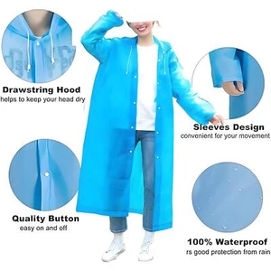 Adult Waterproof Raincoat Hooded Jacket Poncho Rainwear for Camping Travel Azure - Picture 1 of 5