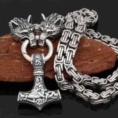 Men Viking Stainless Steel Wolf Thor Hammer Pendant Necklace Norse Mjolnir Odin - Image 1 of 4