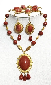 Gran Collar de Piedras Preciosas Cabujón Rojo Collar Pendientes Pulsera Único en su Tipo - Imagen 1 de 7
