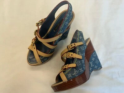 AUTHENTIC LOUIS VUITTON ALYSSA MONOGRAM DENIM WEDGE SLINGBACK HEELS Sz 34.5 - Image 1 of 4