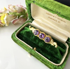 ANTIQUE • Art Nouveau 14k Yellow Gold Amethyst w/ Guilloche Enamel Bar Brooch - Picture 1 of 8