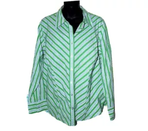 LANE BRYANT 14/16 Diagonal Green Blue Stripe Button Down Blouse Shirt Plus - Picture 1 of 4