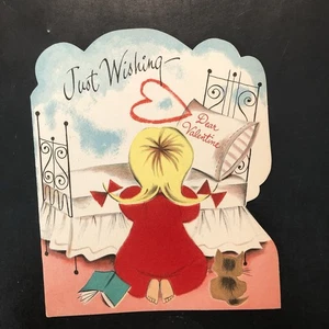 Vtg Valentine DieCut Card Girl In Pigtails & Flocked Pajamas Kitten At Bedside - Picture 1 of 3