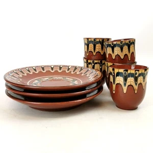 Bulgarian Folk Pottery Set – 5 Cups + 3 Plates, Sgraffito Style, Varna-Made - Picture 1 of 23