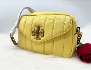 AUTH NWT $498 Tory Burch Kira Quilt Patent Leather Camera Bag In Vintage Lemon - Picture 1 of 14