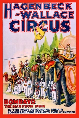 HAGENBECK WALLACE CIRCUS BOMBAYO AERIALIST ELEPHANT CAMEL VINTAGE POSTER REPRO - Image 1 of 3