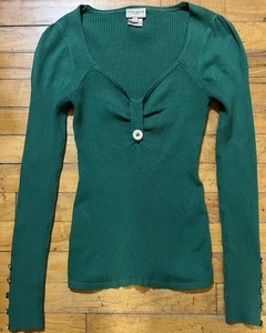 Karen Millen England Ribbed Knit Sweater Green V-Neck Gold Buttons Size 2 - Picture 1 of 6