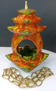 Vintage 12" Pagode Stil Lava Glasur hängender Aschenbecher/Übertopf mit Kette-guter Zustand - Bild 1 von 24