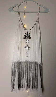 Free People One FP Pale Blue Beaded Fringe Mini Dress Small Flapper RARE Piece - Image 1 of 4