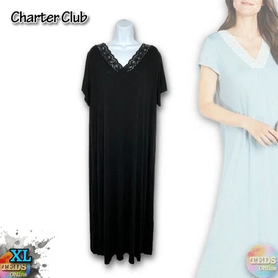 全新无标签 Charter Club 女式 XL 超柔软针织蕾丝饰边睡衣 - 黑色 — 第 1/4 张图片