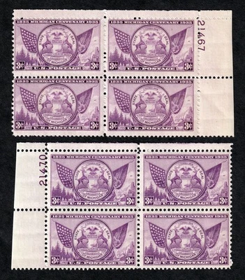 US #775 Michigan Centenary, 2 Plate Blocks, Short MNH Stamps - Image 1 of 2