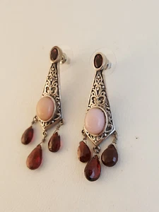 Pendientes colgantes granate + cuarzo rosa plata de ley filigrana ornamentados - Imagen 1 de 16