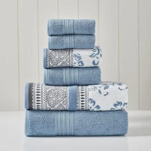 Ophelia Blue 6-Piece Towel Set: 2 Bath, 2 Hand, 2 Washcloths Jacquard/Solid - Picture 1 of 3