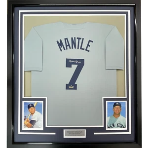 Framed Facsimile Autographed Mickey Mantle 33x42 Grey Reprint Laser Auto Jersey - Picture 1 of 2