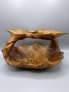 Vintage Hand-Carved Wood Bowl Fruit Basket With Carved Leaves Handle Centerpiece - Picture 1 of 12