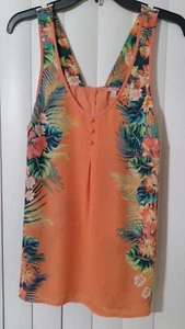 Candies Hot Orange Pink Tropical Sheer Flowy Bow Racerback Tank Top Large Resort - Picture 1 of 6