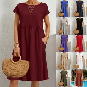 Women Cotton Linen Short Sleeve Solid Sundress Ladies Summer Casual Midi Dresses - Picture 1 of 54