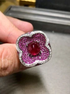 6.45 TCW Simulated Red Ruby & White Sapphire Flower Design Women's Wedding Ring - Picture 1 of 14