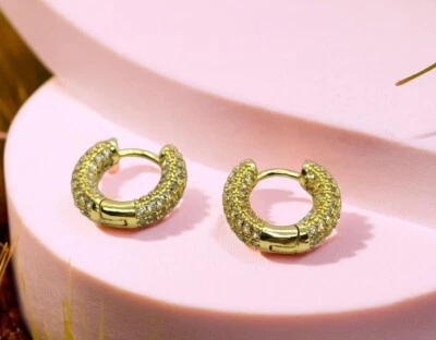 Elegant 18K Gold Micro Pave Earrings, Round Cut Moissanite Hoop Design - Image 1 of 4