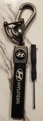 Faux Black Leather Silver Hyundai Lettering Keychain With Metal Clip & D Ring  - Image 1 of 2