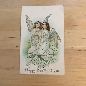 Vintage gold embossed Happy Easter postcard praying angels Germany antique - Picture 1 of 2