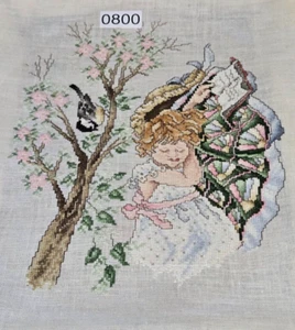 Completed Cross Stitch Girl Tree Bird 15.5 X 18 I took out of frame. - Picture 1 of 10