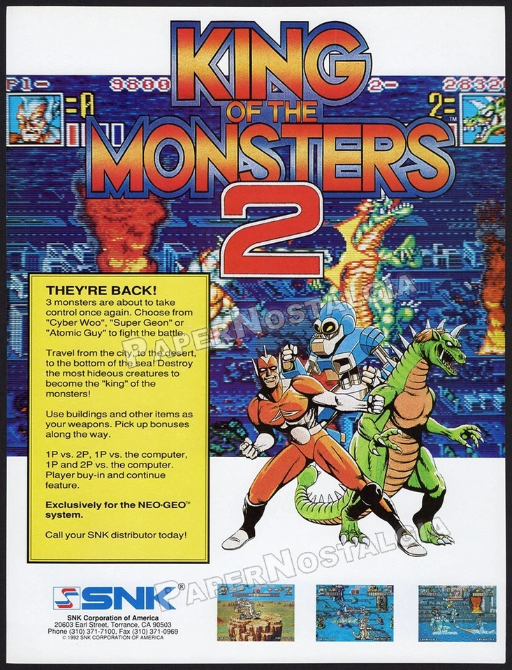 КОРОЛЬ МОНСТРОВ 2 - Оригинальная 1992 Торговая РЕКЛАМА / РЕКЛАМА _ SNK _ Аркада Neo Geo - Изображение 1 из 1
