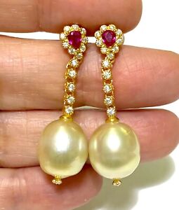 Marvelous 11.5 x 12.5 mm Australia South Sea Oval Gold Pearl Dangle Earrings
