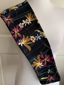Lularoe Leggings OS Mustard Yellow Brown Magenta Flowers Stripes On Black VTG - Picture 1 of 2