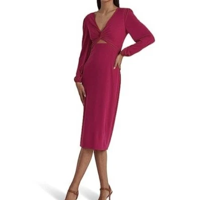 Lauren Ralph Lauren Womens Twist Front Midi Dress Pink sz 14 NWT Balloon Sleeve - Image 1 of 4
