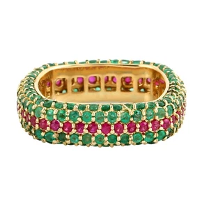 Natural Emerald Ruby Ring 18K Yellow Gold Full Eternity Gemstone Cocktail Band - Picture 1 of 7