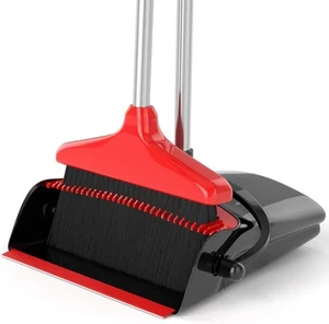 Broom with Dustpan Combo Set 54" Long Handle Adjustable Length Black and Red - Picture 1 of 7
