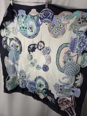Talbots 100% Silk Scarf Teapot Print in Blue 30"x30" - Image 1 of 3