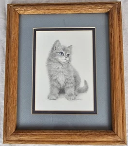 Arte vintage de ojos azules con marco mate dibujo carbón Virginia Miller gato 10x12 - Imagen 1 de 7