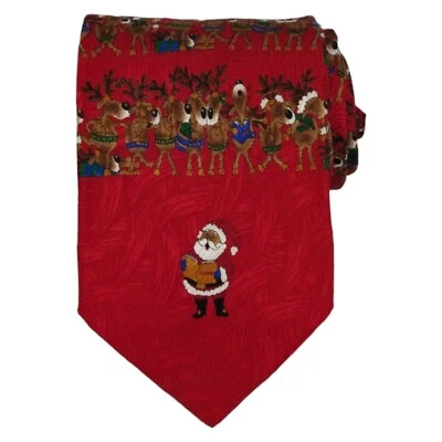 JZ RICHARDS Mens Silk CHRISTMAS PARTY Tie 3.75 Red Santa Claus Reindeer Necktie - Image 1 of 4