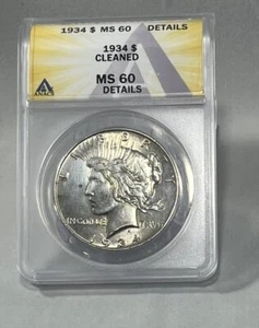 1934 Peace Silver Dollar $1 Coin ANACS MS-60 Details Cleaned - Picture 1 of 2