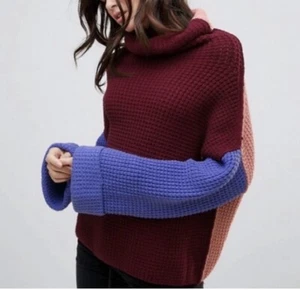 FREE PEOPLE Park City Pullover Turtleneck Chunky Color Block Sweater Wine Sz L - Picture 1 of 5