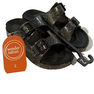 Wonder Nation Black Glitter Jelly Two Buckle Slide Sandals Shoes Girls 2 NWT NEW - Picture 1 of 13