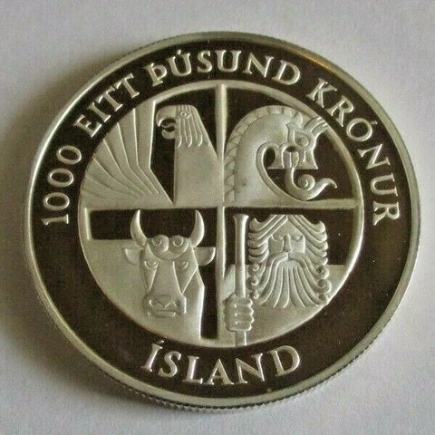 1974 ICELAND FOUR SPIRITS & VIKINGS Gem Proof Silver 1000 Kronor Coin Deep Cameo Cover
