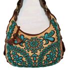 VINTAGE ISABELLA FIORE OH SUZANI NIKKI TURQUOISE BEADED BROWN LEATHER HOBO $545