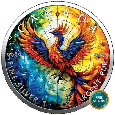 2025 1OZ Silver Canada Stained Glass Phoenix Colorized Color Certif ONLY 100 #24 - Image 1 of 4